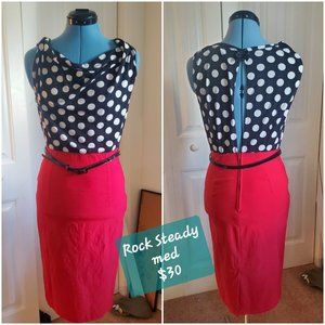 Red, Black & White Polka Dot Dress with Belt